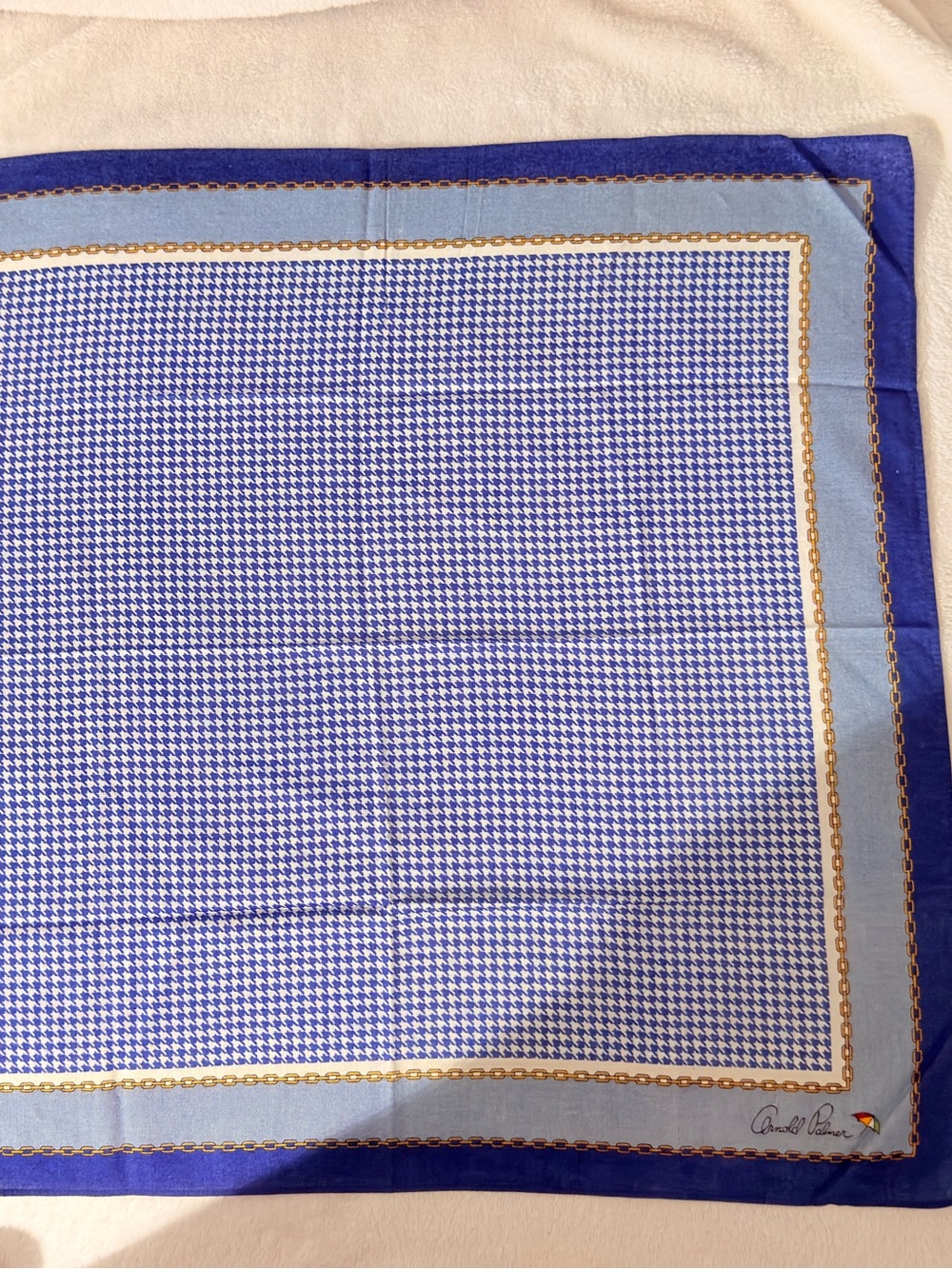 Blue & Light Blue Patterned Pocket Square with Gold Chain-Print Accent